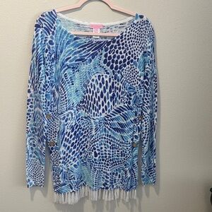 Lilly Pulitzer Blue Multi Printed Fringe Hem Swim Cover-Up